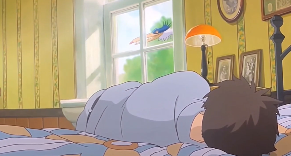 Cena da animação, Mahito dorme em seu quarto e é visitado pela garça